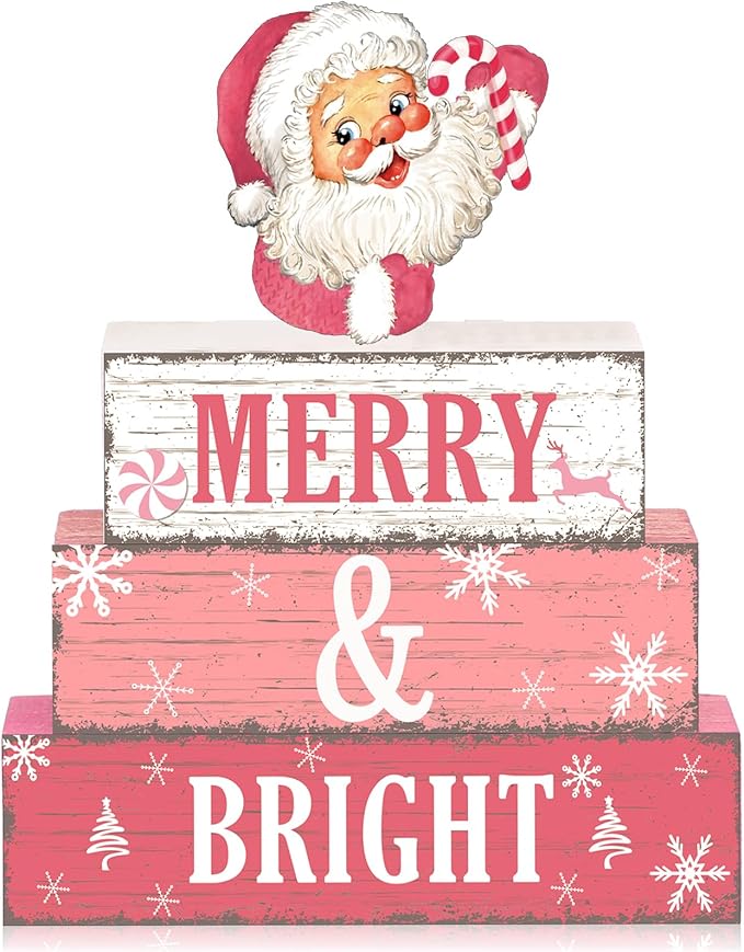 Geelin 4 Pcs Christmas Wooden Tabletop Decor Pink Winter Santa Tiered Tray Decor Christmas Centerpiece Rustic Decorative Block Signs Gift Farmhouse Table Decoration for Home Kitchen