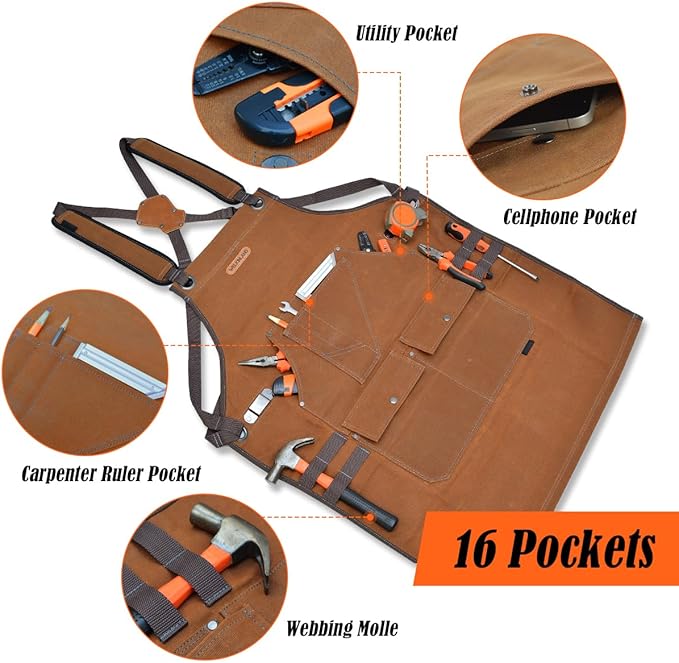 WELKINLAND 16-Pockets Waxed-Canvas Tool Apron, Heavy-Duty Woodwork Aprons, Fully-Adjustable Carpenter Apron, 34" x 27" Blacksmith Woodworking Apron