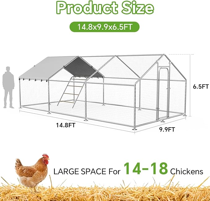 Large Metal Chicken Coop with Waterproof and UV-Resistant Cover,Chicken Run Outdoor Walk-in Cage Rabbit Duck Hen House for Yard Farm Use Spire Roof(10' L x 14.8' W x 6.4' H)