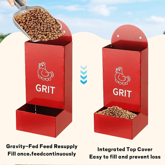 Hanging Chicken Feeder Metal (2 Pack), Wall Mounted Poultry Grit Feeder with Weatherproof Lid, Durable Chicken Coop Accessories for Chickens, Ducks, Quail, Red & Black