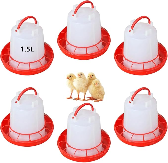 6pcs Chicken Feeder and Waterer Set, Chicken Water Dispenser, Baby Chick Waterer, Hanging Chickens Feeder, 1.5L Poultry Waterer Kit, No Spill Design for Baby Chicks, Ducklings
