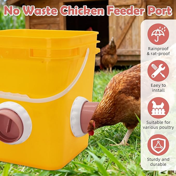Chicken Feeders No Waste, DIY Automatic Poultry Feeder 8 Ports 1 Hole Saw with Covers Gravity Feed Kit for Buckets Barrels Bins Troughs (Pink and White)