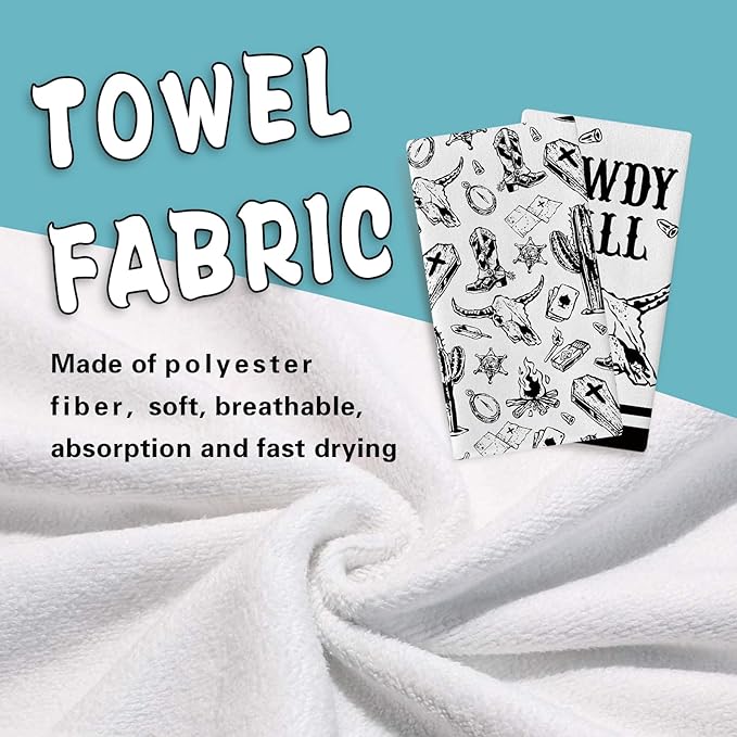 Howdy Y‘All Western Cowboy Kitchen Dish Towels Set of 2, Black White Bull Skull Hat Boot Cactus Drying Hand Towel Baking Cooking Cloth, Rustic Country Bathroom Home Decoration 18'' x 26''