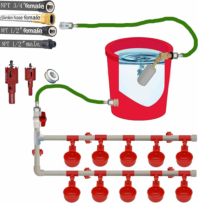 Complete Set Pipeline Automatic Chicken Waterer System,1/2" PVC Pipe Accessories DIY Kit with 2 Hose,chicken water cup,chicken waters,poultry waterer,Duck water feeder for Quail Chicken Duck Goose