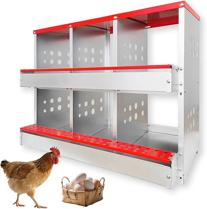 Chicken Nesting Boxes,6 Compartments Metal Chicken Laying Box with Roll Out Egg Collection with Large Vented Holes for Chickens, Hens, Ducks, Large Egg Laying Boxes (6 Compartments)