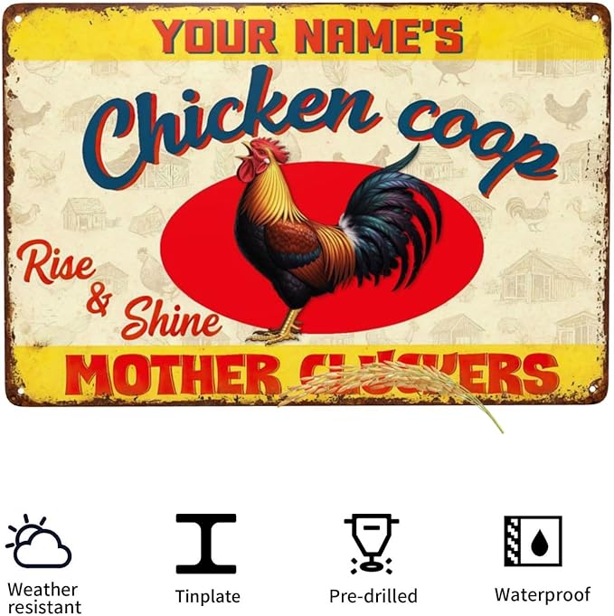 Personalized Chicken Coop Sign Custom Name Rise and Shine Metal Tin Wall Art Funny Rooster Farmhouse Decor Backyard Poultry Plaque Gift