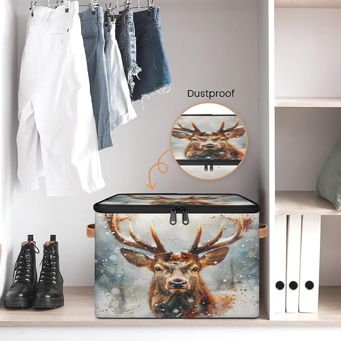 Storage Cubes with Lid Fabric Storage Bins Boxes PU Leather Handles, Elk Moose Wild Animals Closet Organizer Container Foldable Washable Shelf Cloth Basket, Christmas Day