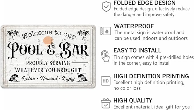 Welcome to Our Pool and Bar Metal Tin Sign Pool Accessories Decor Outdoor Vintage Metal Tin Signs Farmhouse Part Patio Porch Home Wall Decorations 8x12 Inch