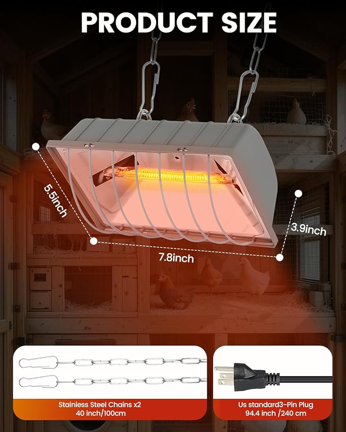 300W Dual-Mode Heat Lamp for Chickens - Long-Lasting Chicken Coop Heater & Chick Brooder Kit Companion, Safe Design with 7.87ft Cord for Poultry, Ducks, and Other Livestock