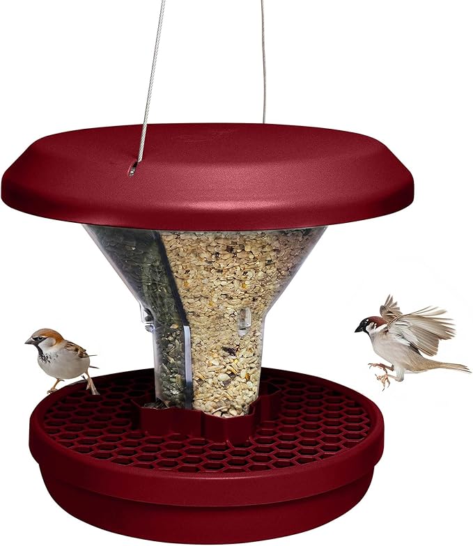 SWISSINNO Bird Feeders - No Mess Hanging Bird Feeder for Outdoors - Smart Birds Davos Spill Proof Wild Cardinal & Small Bird Feeder with Integrated Seed Catcher Tray - Dual Chamber - Burgundy