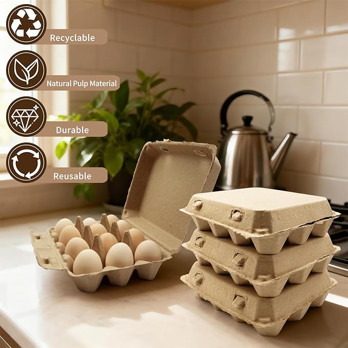 Cheardia 30 Pack Dozen Egg Cartons Tray, 12 Count Natural Paper Chicken Egg Holder, Reusable Vintage Pulp Cardboard Eggs Containers for Farm Family Market Storing Refrigerator