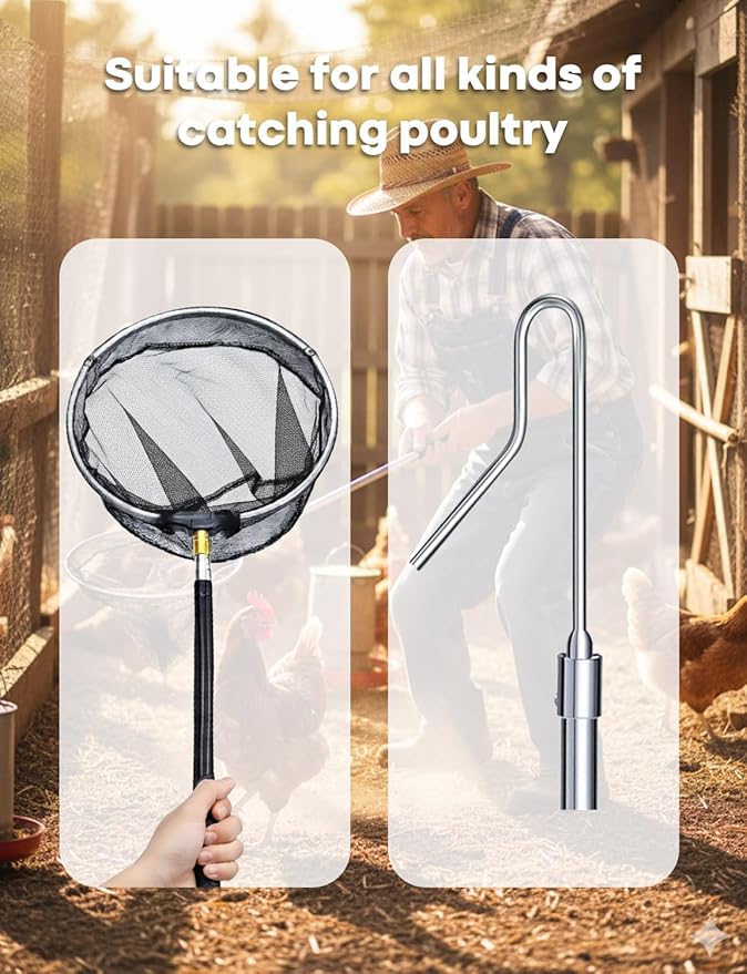 Stainless Steel Retractable Chicken Catching Net - Extendable 16" to 58.5" Poultry Net with Leg Hook for Safe Catching of Chickens, Ducks, Geese & Small Birds