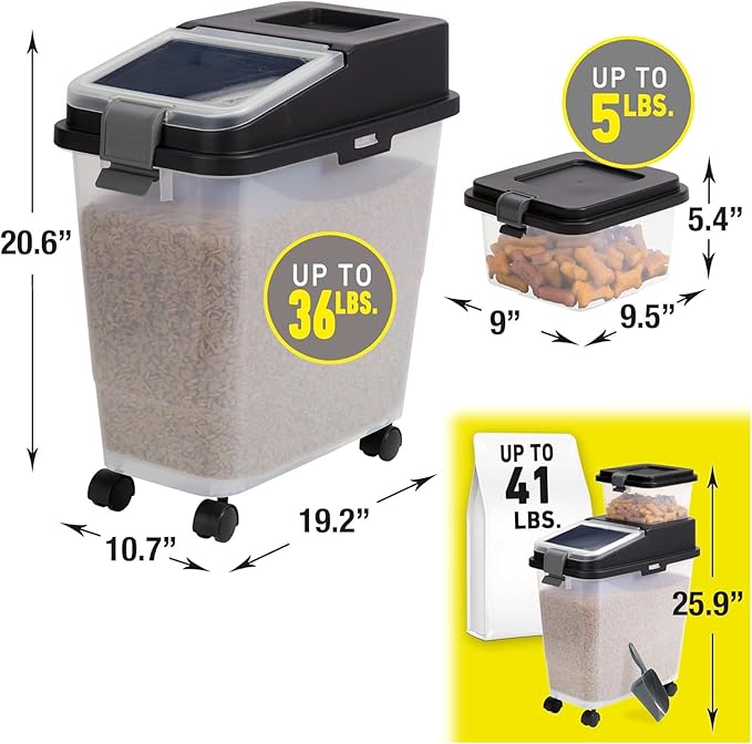 Mighty Tuff 3 Piece Airtight Dog Food Storage Container, Up to 36 lbs, with 5 lbs Dog Treat Container and Portion Scoop – BPA Free Airtight Pet Food Bin on Wheels