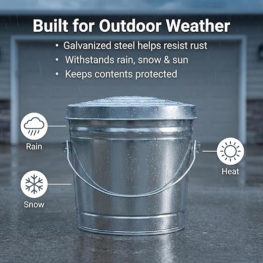 Galvanized Steel Locking Lid Trash Can - 6-Gallon Rodent-Proof Outdoor Storage Bin with Weather-Resistant Lid, Pet Food, Bird Seed, Charcoal Storage, Heavy Duty Metal Can