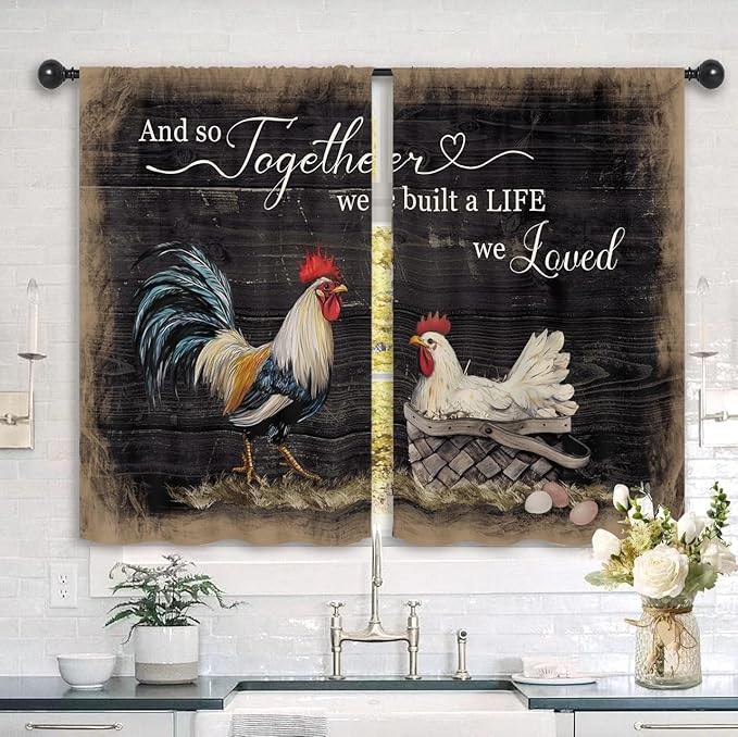 Rooster Chicken Kitchen Curtains 27.5W x 39L Inch Rustic Farmhouse Coutry Rural Quotes Rod Pocket Short Small Window Treatment Drapes Decor 2 Panels