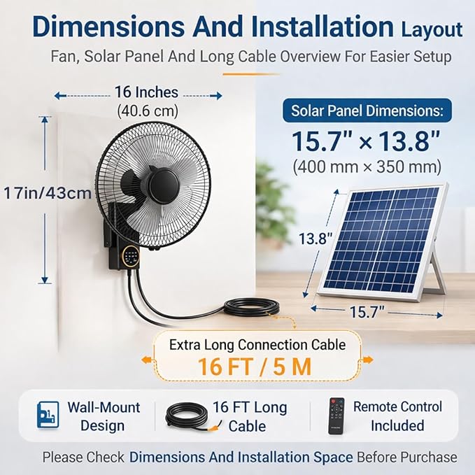 16" Wall Mounted Fan Waterproof, Solar Fans for Outside With Remote Control, Battery Powered Solar Greenhouse Fan, Heavy Duty Outdoor Fans for Patios 3 Speeds, 90° Tilt