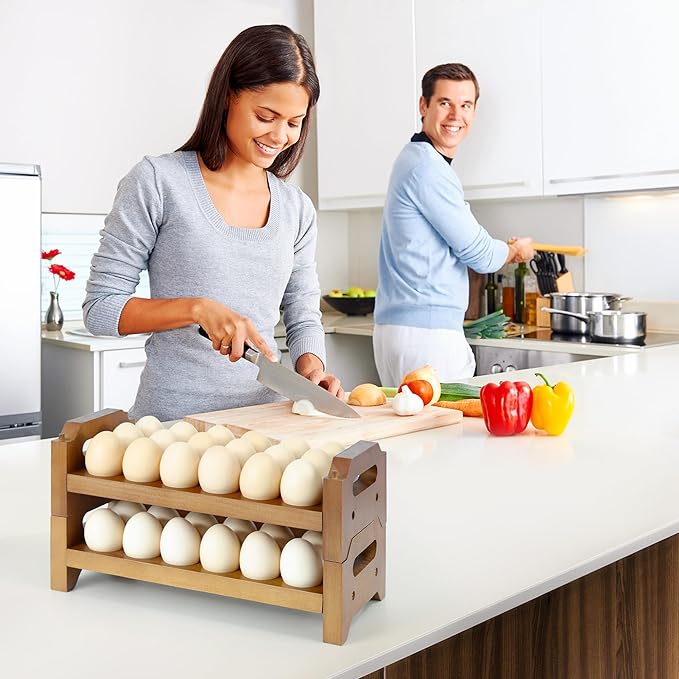 2-Tier Wooden Egg Holder for 36 Eggs, Wooden Egg Holder Countertop with Carry Handle for Chicken, Duck, and Quail Eggs (Stackable)