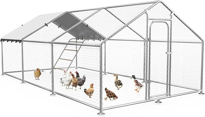Large Metal Chicken Coop with Waterproof and UV-Resistant Cover,Chicken Run Outdoor Walk-in Cage Rabbit Duck Hen House for Yard Farm Use Spire Roof(10' L x 14.8' W x 6.4' H)