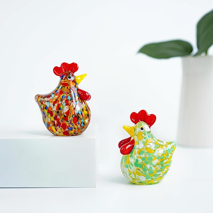 H&D HYALINE & DORA Set of 2 Mini Glass Rooster Figurines Art Blown Glass Chicken Collectible Figurine Crystal Animal Ornaments for Farm Thanksgiving Centerpiece Decor