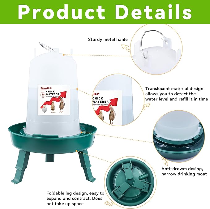 2-in-1 Chick Starter Set: 0.3 Gal Feeder & 0.4 Gal Waterer with Adjustable Legs for Baby Chicks, Hanging Hooks, Anti-Drown Design - BPA-Free Plastic (Green)