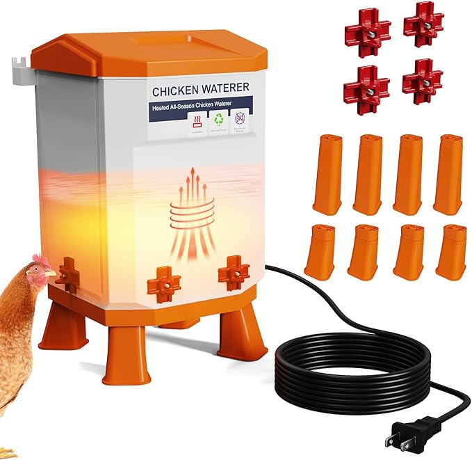 Heated Chicken Waterer 2 Gallon, Chicken Water Heater for Winter, Freeze Proof Chicken Waterer, 4 Nipples for Clean Water，Detachable Legs, Adjustable Height for Chickens, Pigeons, Beaked Poultry