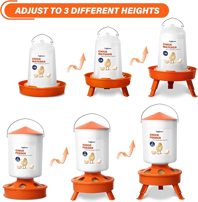 Chick Feeder and Waterer Set, Top Fill 3kg Chick Feeder and 1.5L Chick Waterer with 3 Adjustable Heights