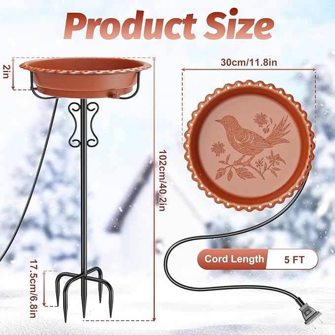 Heated Bird Baths for Outdoors Winter,100W Heated Bird Bath Bowl for Outside Thermostatically Controlled Water Heated Birdbath with Metal 5-Prong Base for Garden Patio Yard (Brown)