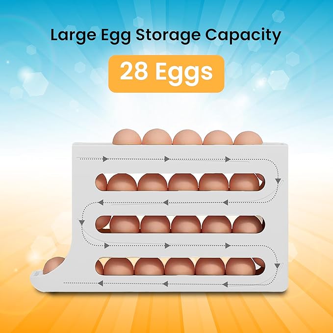 ZAYLAN Egg Holder for Fridge, Auto Rolling Egg Roller/Dispenser/Organizer/Storage Container, Space-Saving 4-Tier Egg Tray for 28 Eggs, Refrigerator, Kitchen & Countertop with Flower Egg Cutter (WHITE)