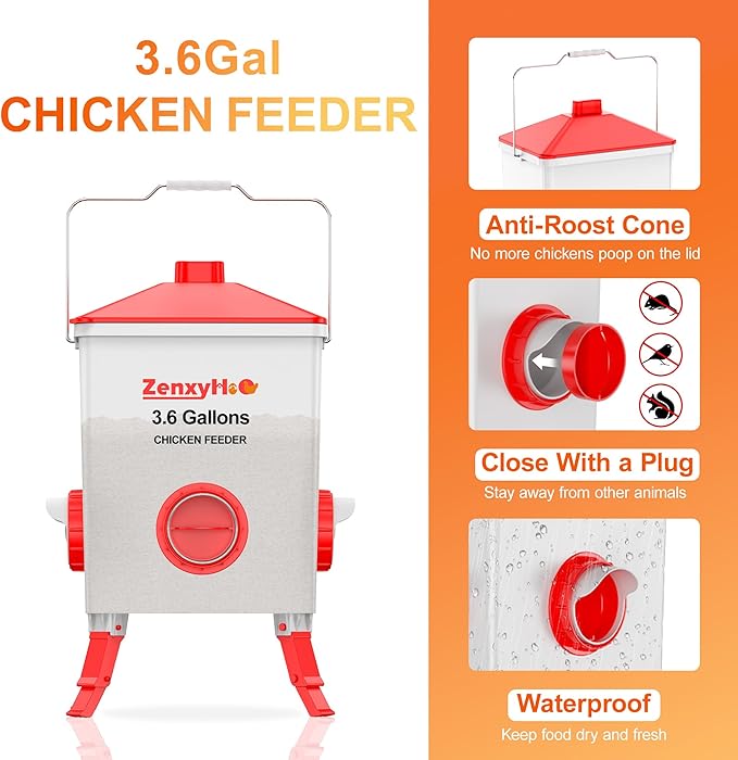 2 * 3.6 Gallons Chicken Feeder Bucket with 3 Adjustable Heights, 8 Port Feeder and Anti Roost Cone