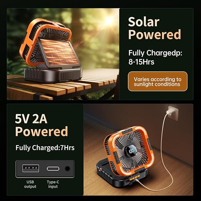 Solar Camping Fan with Light-10000mAh Rechargeable Portable, 6 Speeds, Digital Display, Timer, 120° Oscillation, Cordless Battery Powered Fan for Home Outdoor Tent Travel BBQ Fishing (Orange)
