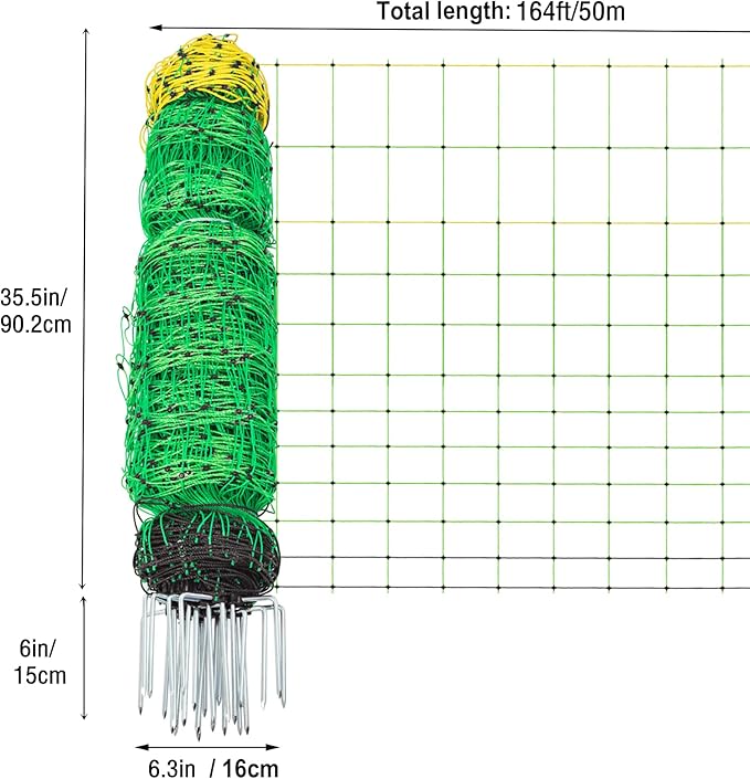 TMEE Electric Goat Sheep Fencing Livestock Netting Fence with 14 Posts, Double Spiked, Portable Mesh for Lambs, Deer, Hogs, Dogs, 35.5" H x 164' L, Green
