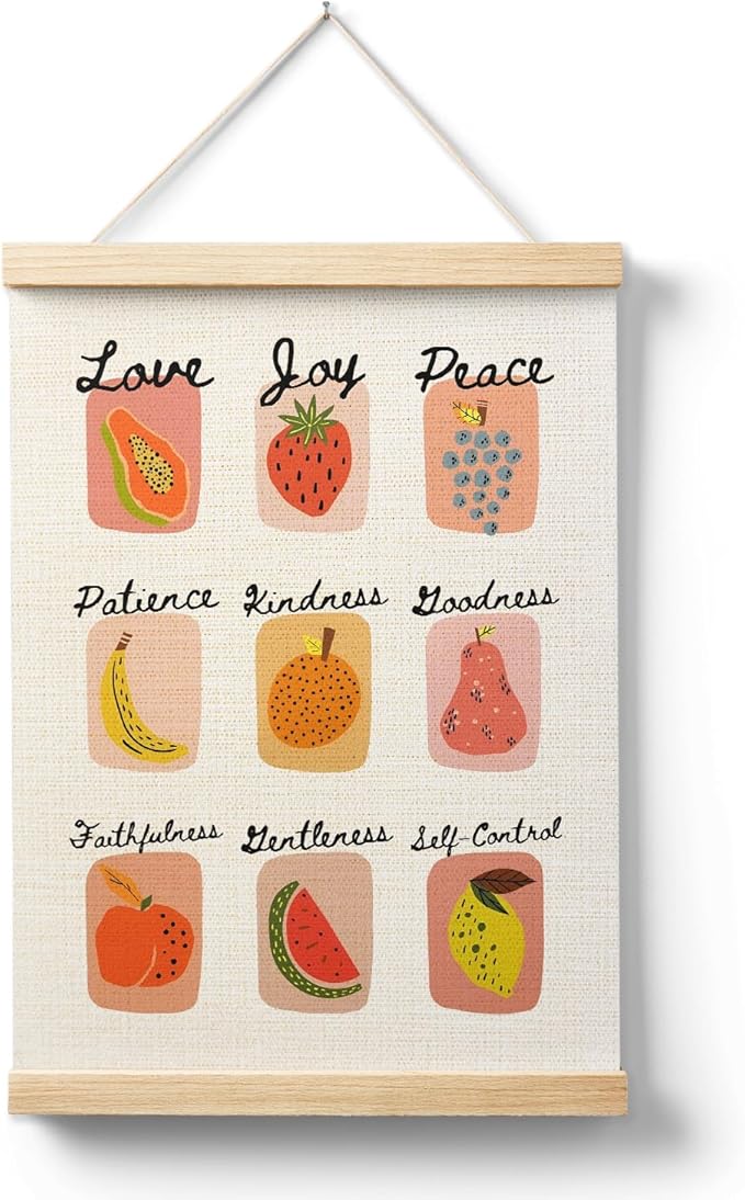 AQYIP Fruit of the Spirit Christian Wall Art Christian Kitchen Decor, Trendy Retro Fruit Bible Verse Poster Canvas Prints for Kitchen Dining Room Home Wall Decoration, 12x16 Inch