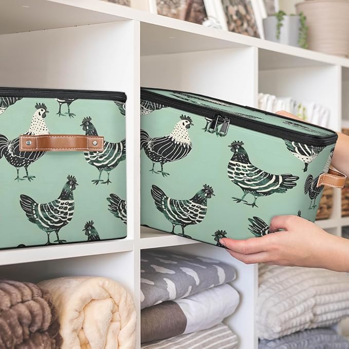 Modern Farmhouse Animal Chicken Storage Bins With Lids Fabric Collapsible Storage Box with Leather Handles for Home Bedroom Foldable Closet Shelf Organizer