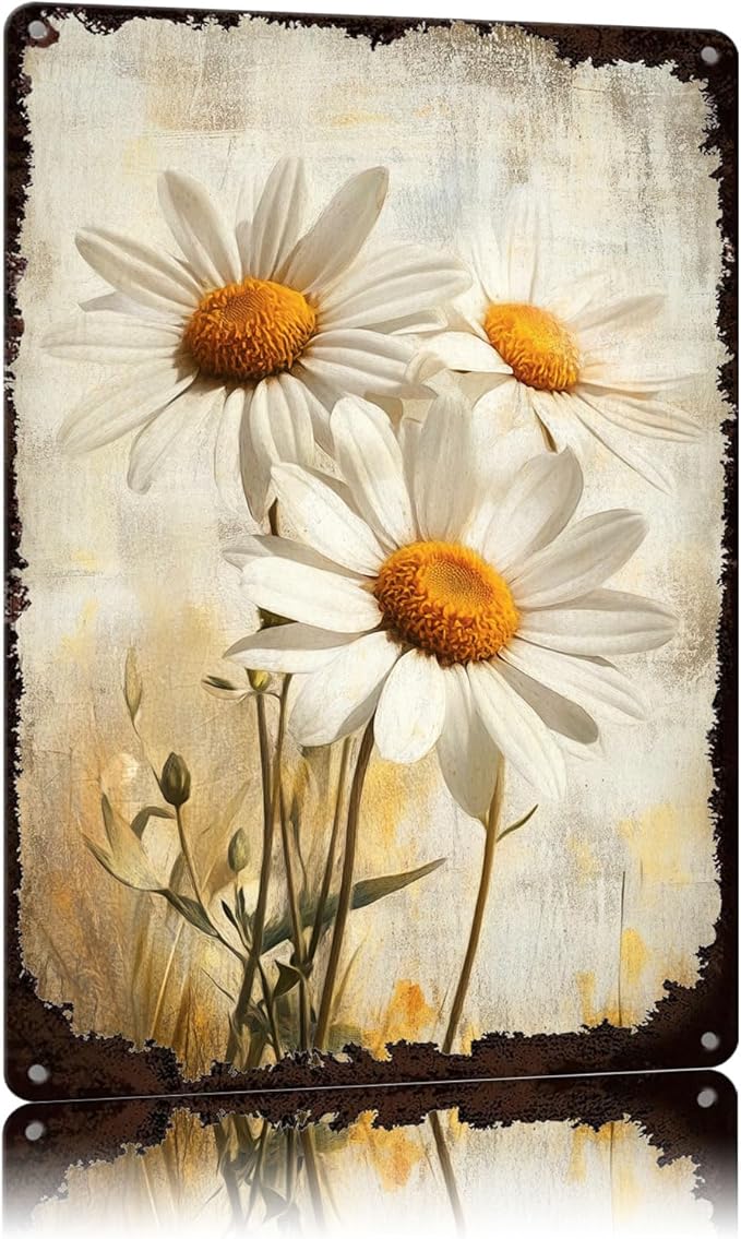 Funny Sign White Daisy Flowers Metal Tin Sign Retro Wall Decor for Kitchen Cafe Yard Gate Garden Home 12×8 Inch