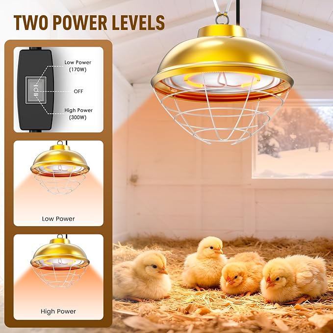 300 Watt Heat Lamp for Chicken Coop, Hanging Chicken Coop Heater, Carbon Fiber Bulb Waterproof Coop Heater with 2 Heating Levels, Chicken Warmer Lamp for Indoor Poultry Pet House Livestock Greenhouse