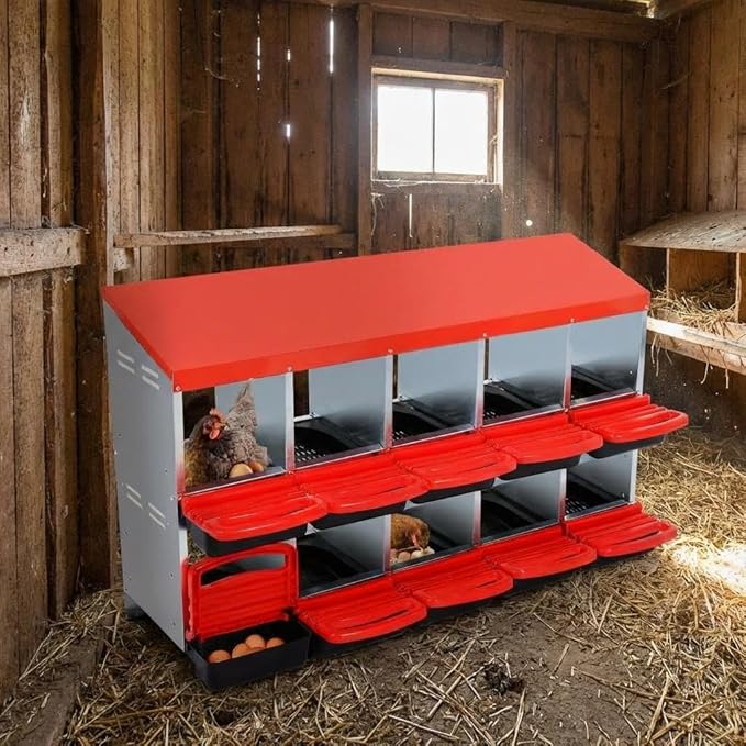 GarveeHome 2-Tier Chicken Nesting Box, 10 Compartment Metal Chicken Laying Boxes with Waterproof Roof ＆ Removable Trays for Hens, Poultry，Easy Egg Collection