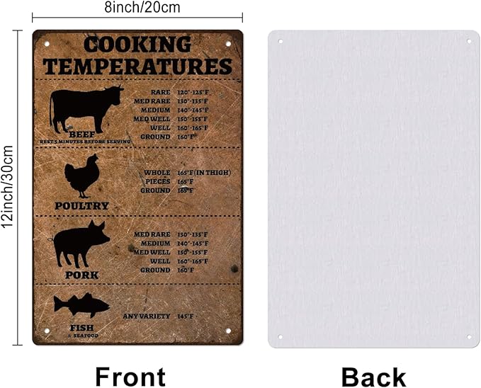 SUPERDANT Cooking Temperature Tin Signs Beef Poultry Pork Fish Funny Metal Sign Poster Kitchen Vintage Wall Art Plaque for Restaurant Cafe Living Room Bedroom Home Dining Room Garage Decoration Gifts