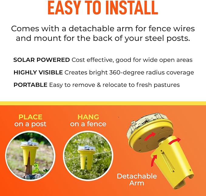 Solar Foxlights Predator Deterrent 9-LED Night Wildlife Repeller with 360° Coverage, Random Flashing Colors – Humane, Solar or Battery-Powered Protection for Chickens, Goats, Gardens Farms & Vineyards