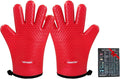 Silicone BBQ Cooking Gloves with Meat Smoker Guide，Heat Resistant Oven Mitts with Fingers，Long Protective Cotton Lined Barbecue Grilling Gloves 1 Pair for Kitchen, Cooking, and Baking Gifts (Red)