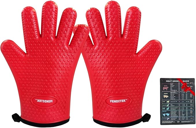 Silicone BBQ Cooking Gloves with Meat Smoker Guide，Heat Resistant Oven Mitts with Fingers，Long Protective Cotton Lined Barbecue Grilling Gloves 1 Pair for Kitchen, Cooking, and Baking Gifts (Red)