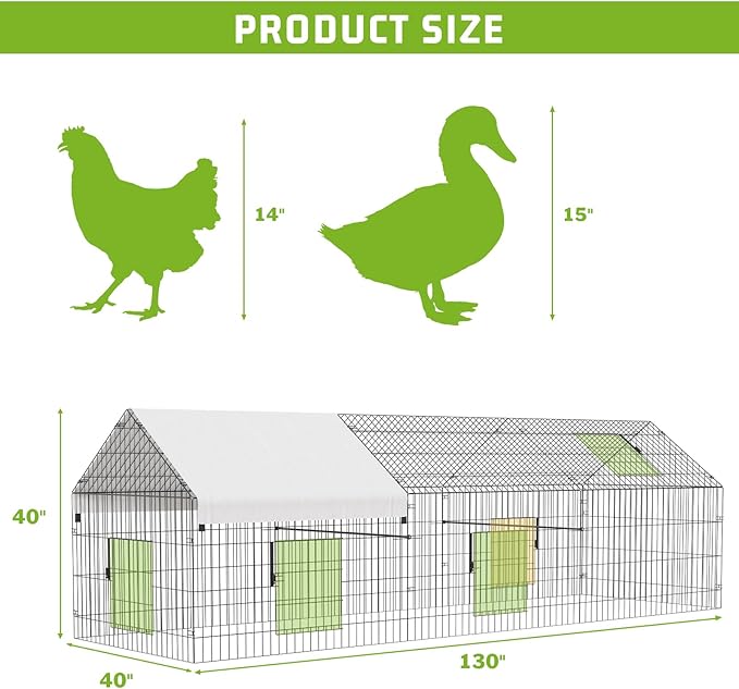 Metal Chicken Coop 130"×40"×40" Chicken Run with Waterproof Cover Portable Poultry Cage Walk in Hen House Outdoor Backyard Farm Animal Enclosure Crate Pet Playpen Exercise Pen for Rabbit Duck