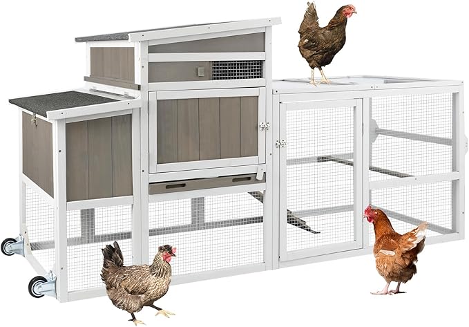 Chicken Coop Mobile Wooden Hen House with Nesting Box,75" L Outdoor Chicken House with Wheels and Removable Tray,Fir Wood Chicken Tractor with 4 Ventilation Door and Ramp,Grey