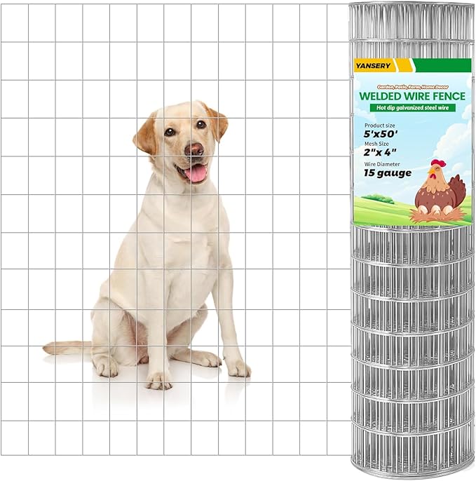 5'×50' Welded Wire Mesh, Galvanized Chicken Wire Fencing 2'' X 4'' 15GA, Garden Decorative Fence for Chicken Coop Barrier, Rabbit Snake Fences, Poultry Enclosures
