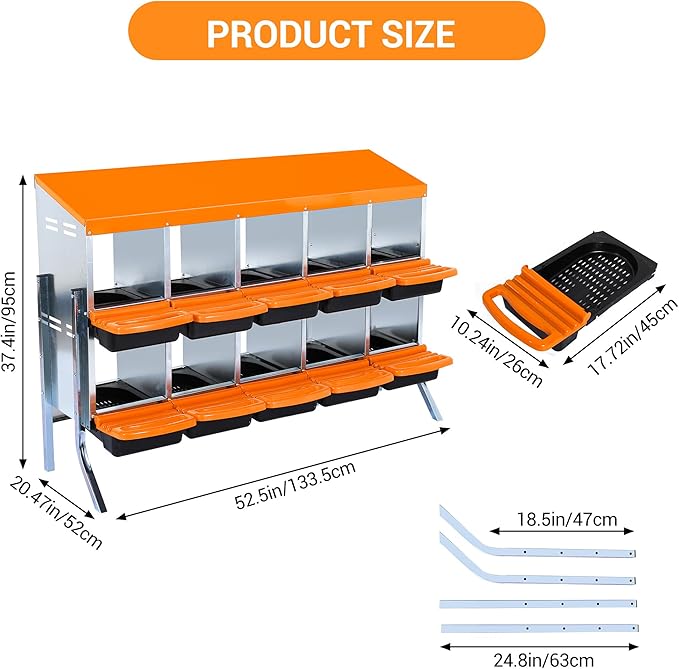 Chicken Nesting Box 10-Hole Roll Away Egg Laying Box with Lid & Stand, Galvanized Steel Rustproof Poultry Coop Box, Easy Clean, Wall Mountable No Bracket Needed for Hens, Orange