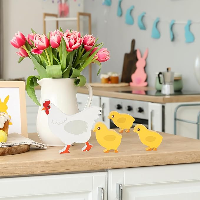 COCHIE Cute Wooden Chickens Decorations Indoor, Spring Farmhouse Chicks Blocks Tiered Tray Decor, Funny Wood Chicken for Home Table Desk Door Shelf (Set of 4)