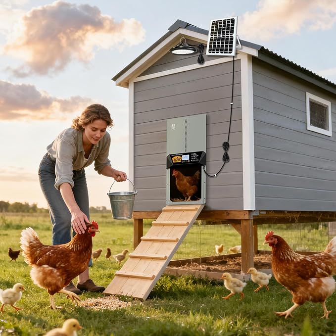 Extra Large Automatic Chicken Coop Door Solar Powered with Timer Light, 16'' × 12'' Aluminum Auto Chicken Coop Door with Timer, Remote, Anti-Pinch, Weatherproof for Chickens, Ducks & Geese