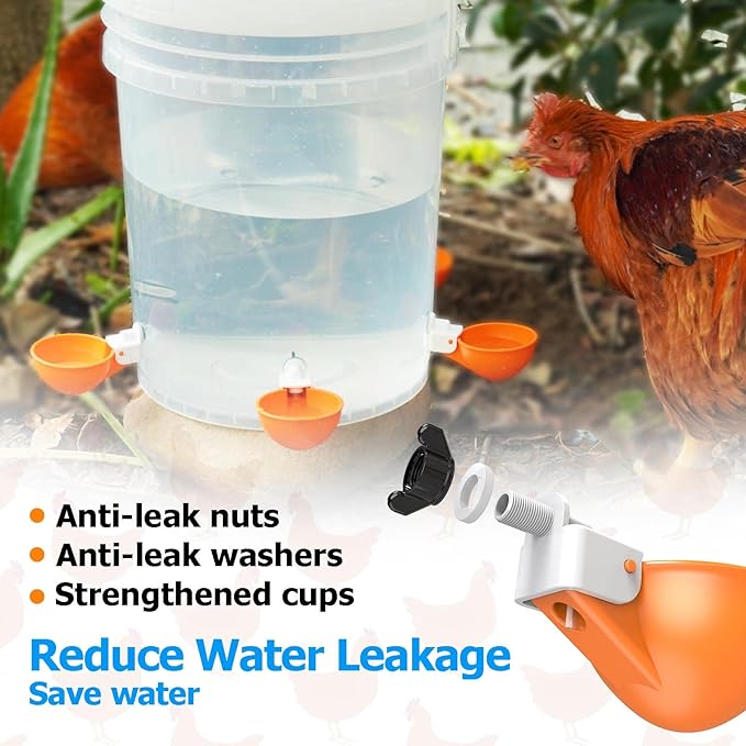 Large Automatic Chicken Waterer Cups, Chicken Water Feeder Suitable for Chicks, Duck, Goose, Turkey and Bunny, DIY Poultry Water Feeder Kit (8 Pack-Orange)