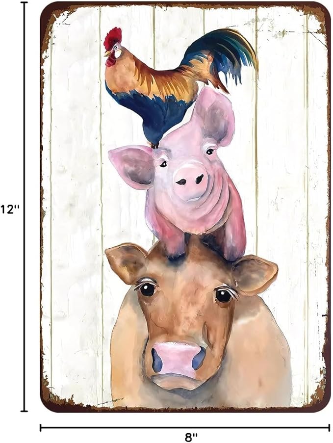 Rustic Farm Animals Metal Sign Chicken Pig Cow Vintage Style Wall Decor for Farmhouse 12x8 Inches
