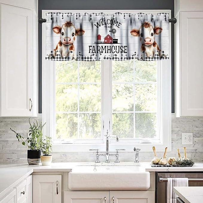 Farmhouse Animal Valance Curtains Watercolor Cute Cow Wooden Board Black White Buffalo Check Art Print Rod Pocket Curtain Valance for Kitchen Bedroom Living Room Decor 1 Panel W54xL18 Inch
