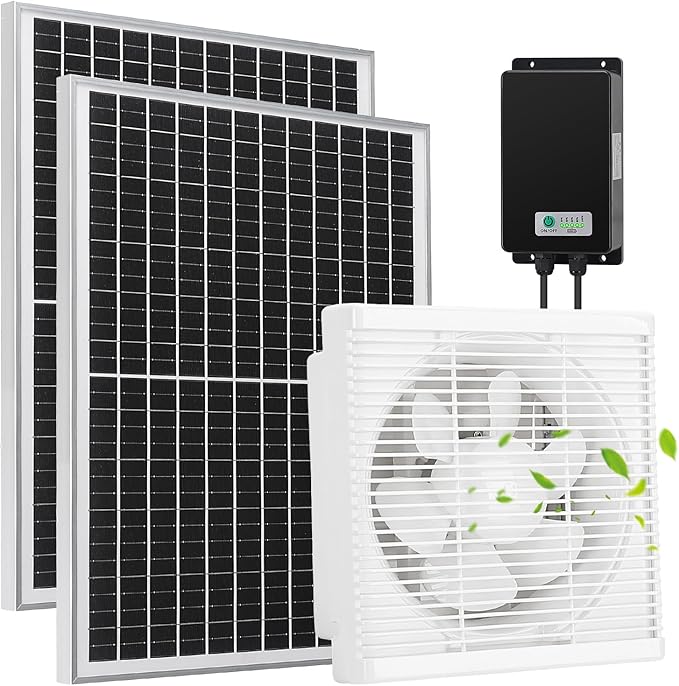 Solar Exhaust Fan, Solar Powered Vent Fan Kit for Outside Greenhouse Shed Chicken Coop (10" Fan with Battery)